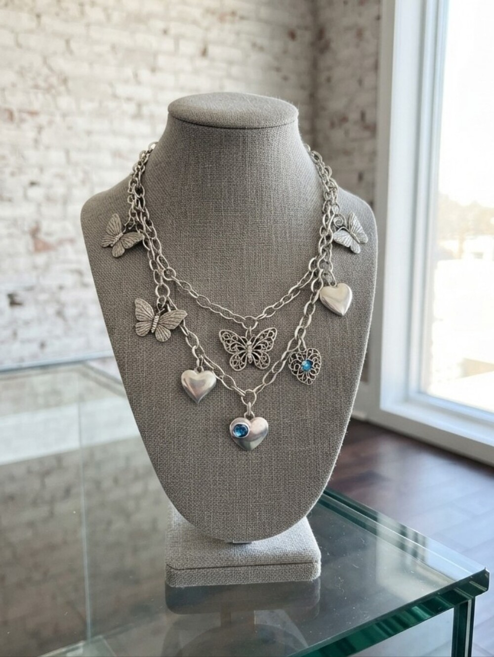 Jessica Simpson Silver Layered Butterfly & Heart Necklace with Blue Accents